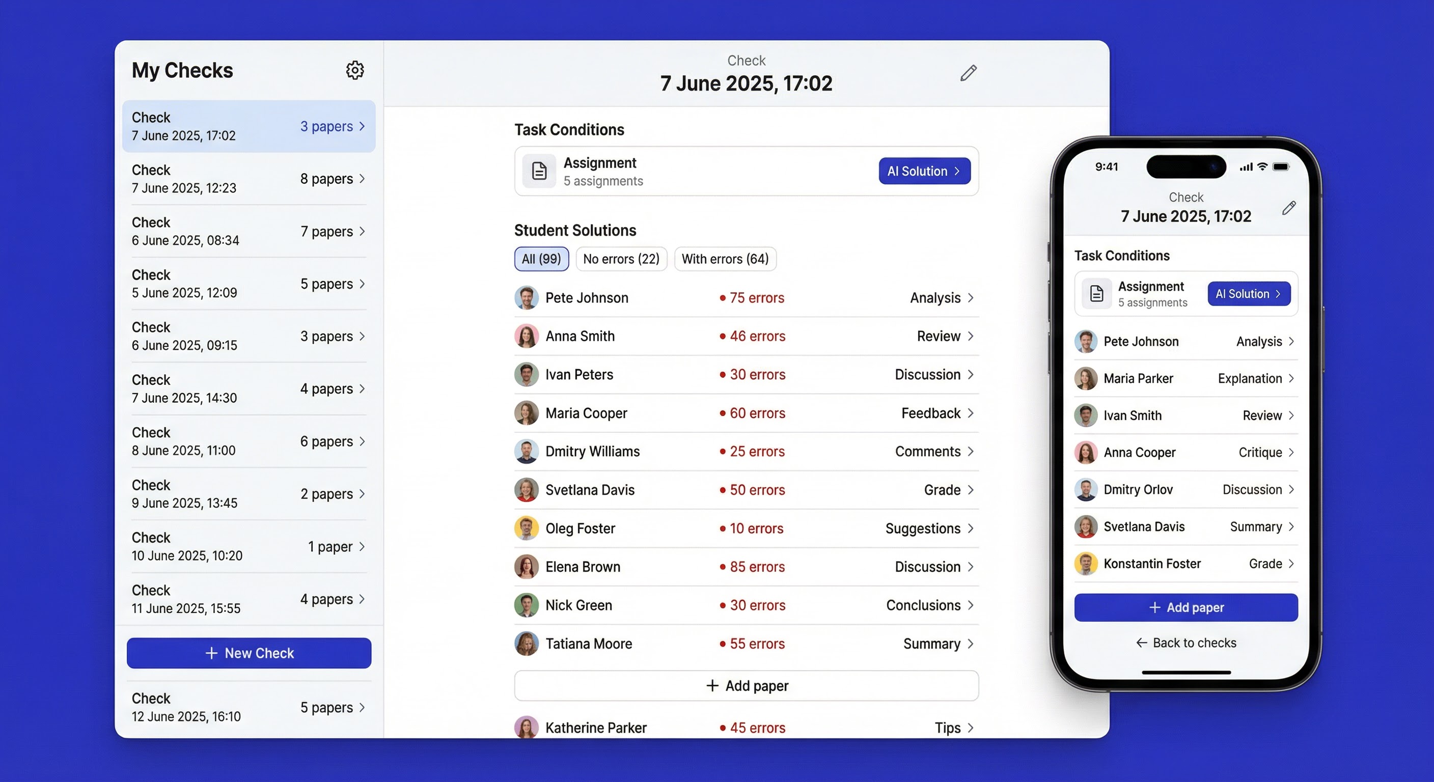 Gradely app interface showing homework checking dashboard
