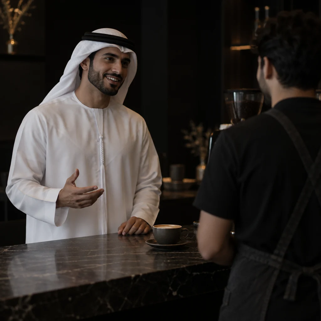 A guest talking to a barista at a café counter